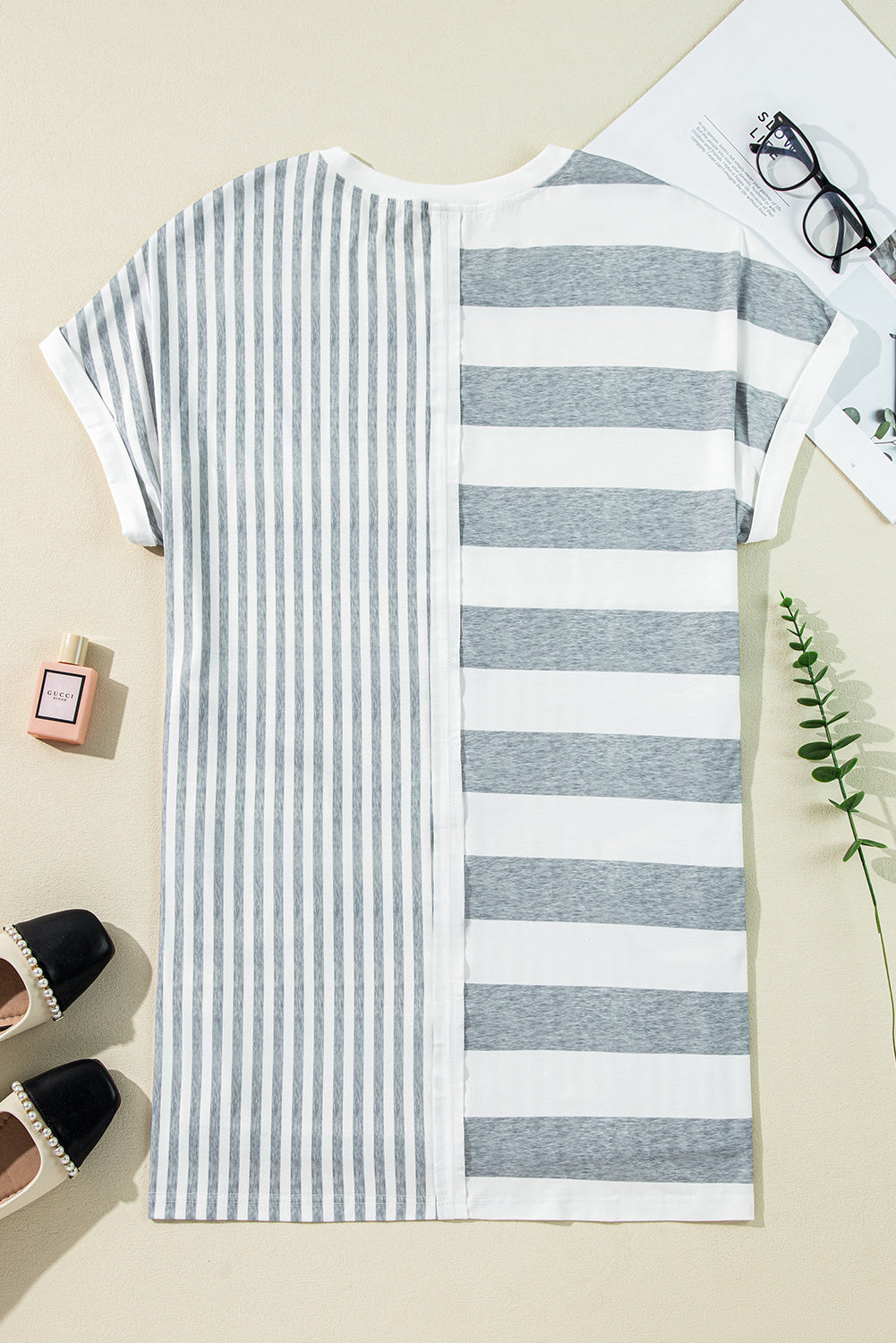 Gray Stripe Mixed Printed Short Sleeve Shift Mini T Shirt Dress - The Fair Lady Shop