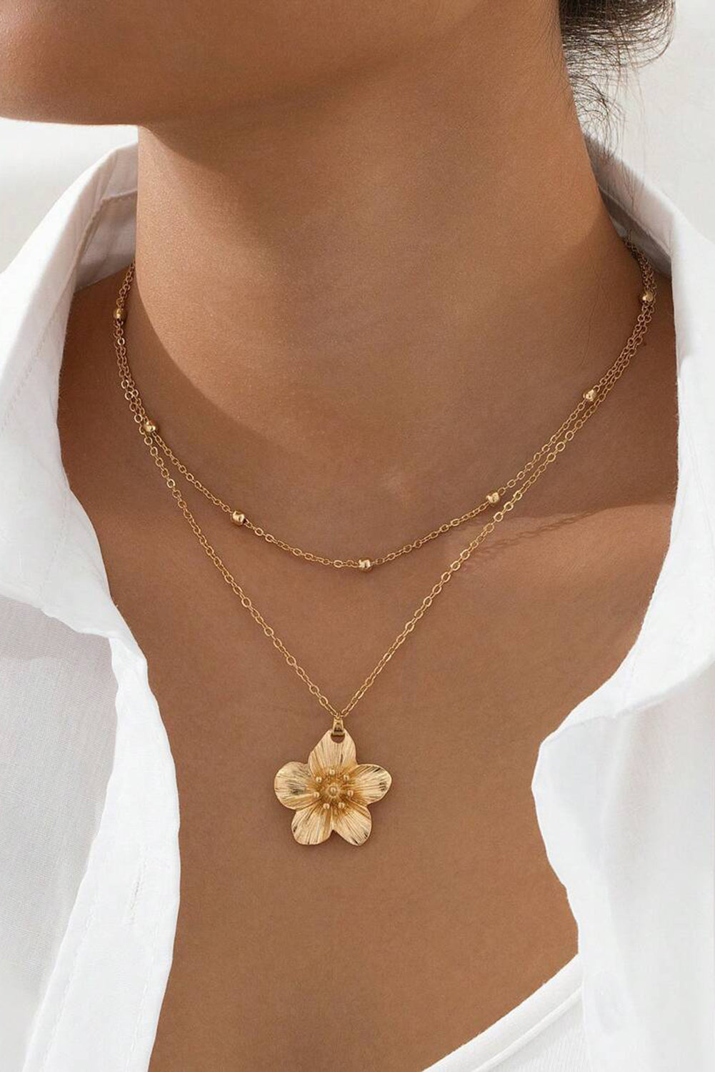 Gold Double Layered Flower Pendant Chain Necklace - The Fair Lady Shop