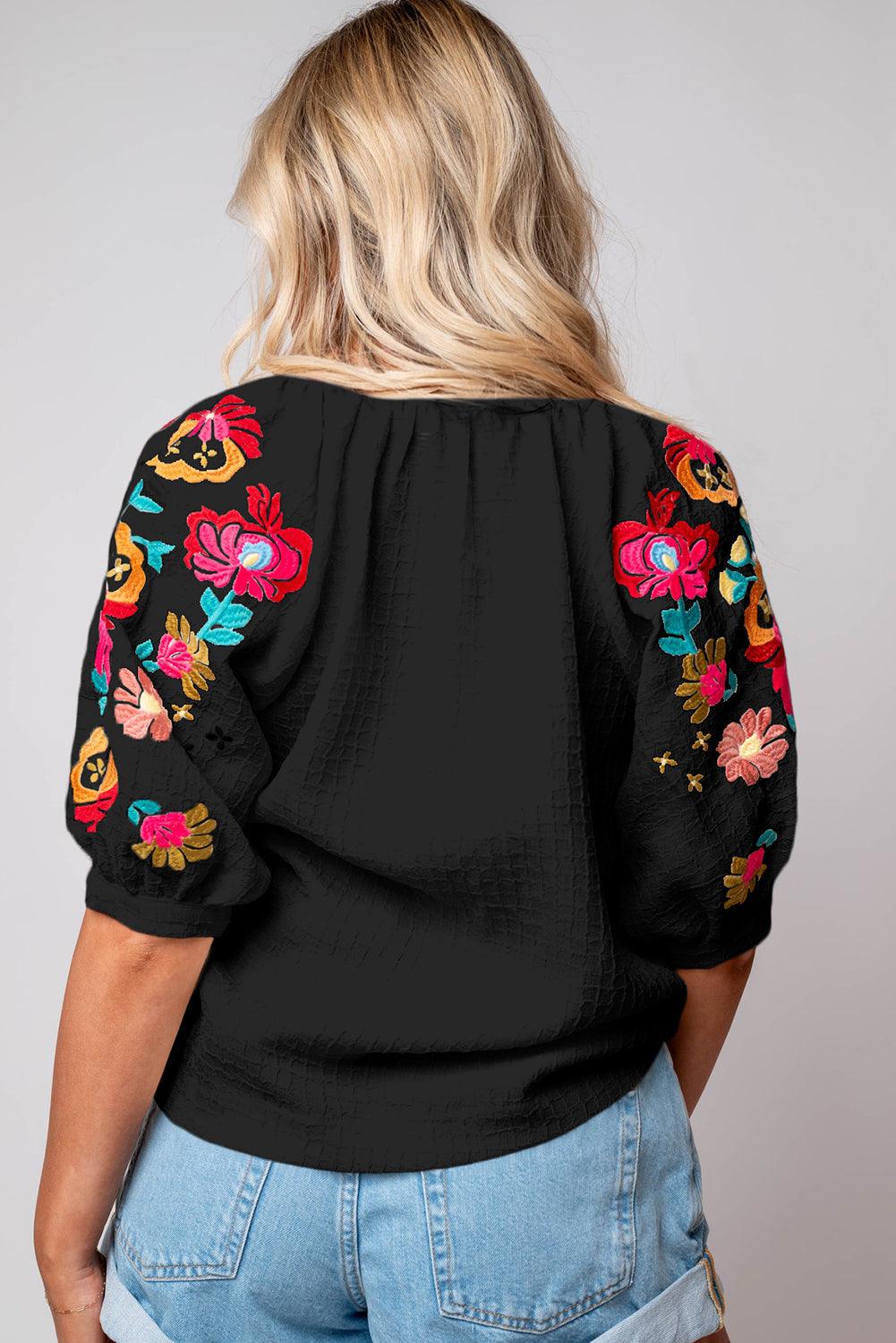 White Floral Embroidered Ricrac Puff Sleeve Textured Blouse - The Fair Lady Shop