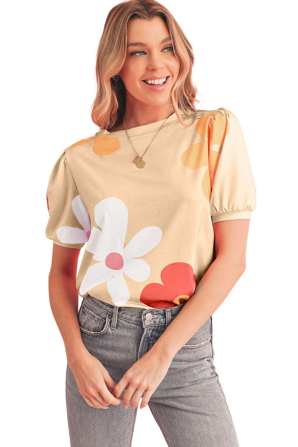 Apricot Colorful Flower Print Bubble Sleeve Tee - The Fair Lady Shop