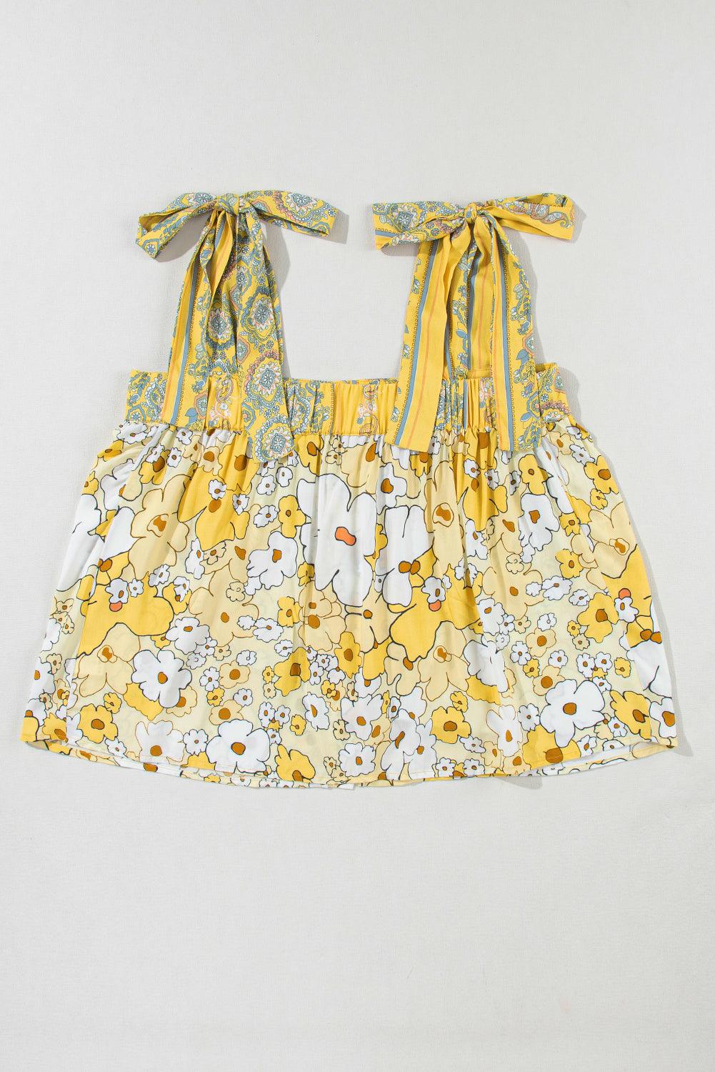 Yellow Floral Patchwork Boho Knot Straps Top - The Fair Lady Shop