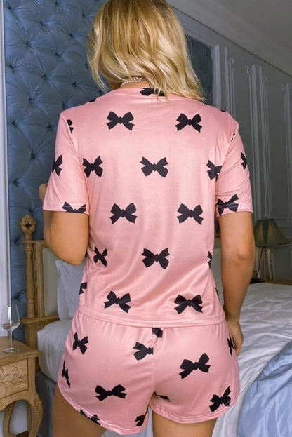 Pink Allover Bow Print Pockets Cropped Pajama Set