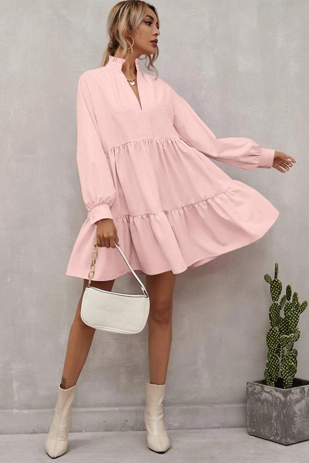Pink Casual Stand V Neck Short Frill Dress - The Fair Lady Shop