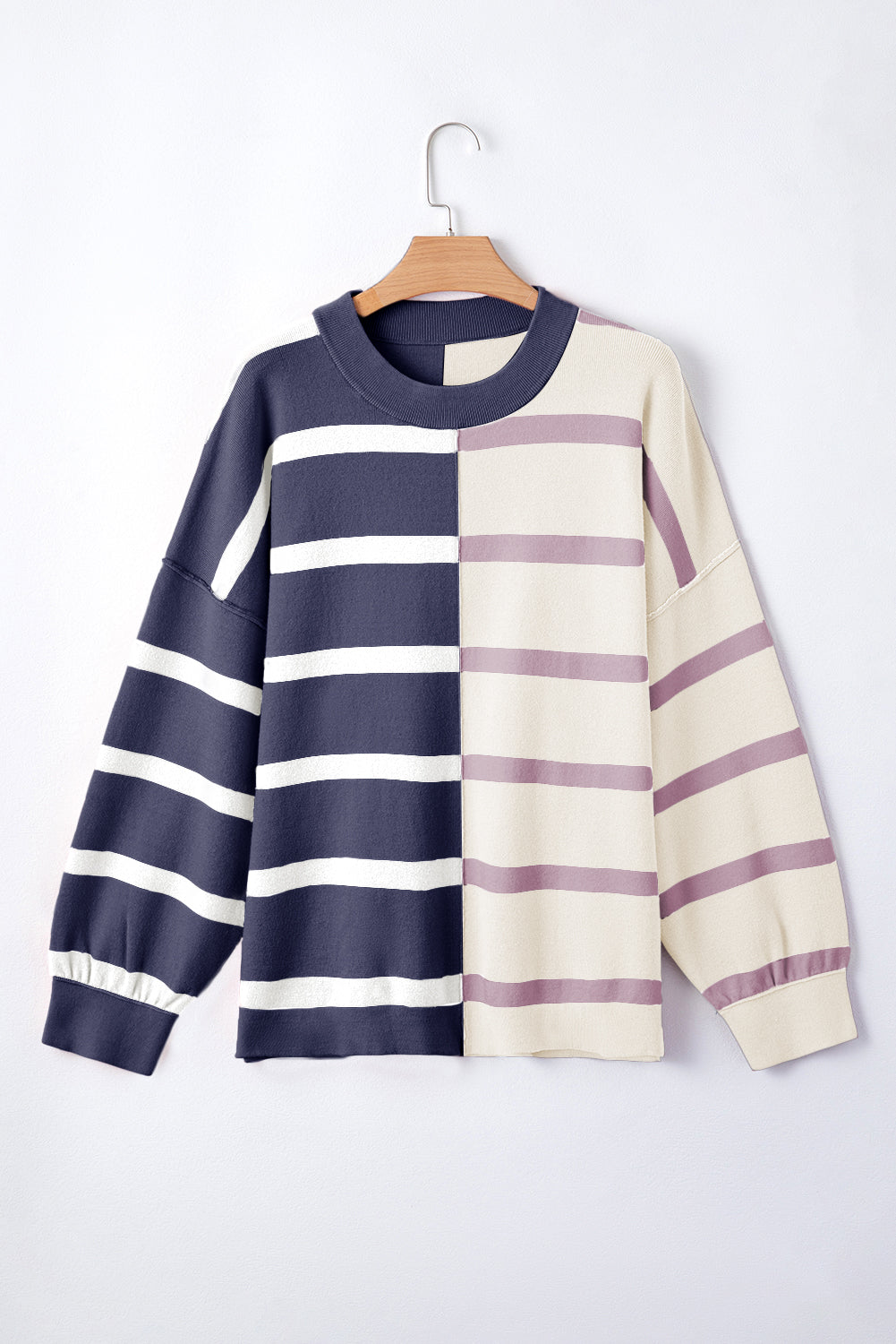 Blue Stripe Exposed Seam Patchwork Loose Sweater
