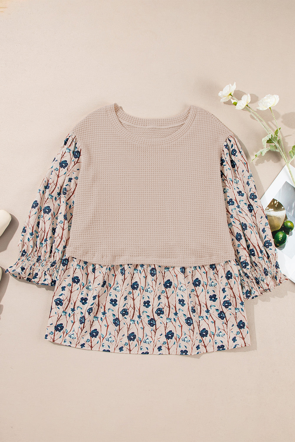 Beige Faux Two Piece Knit Patchwork Floral Plus Size Top - The Fair Lady Shop