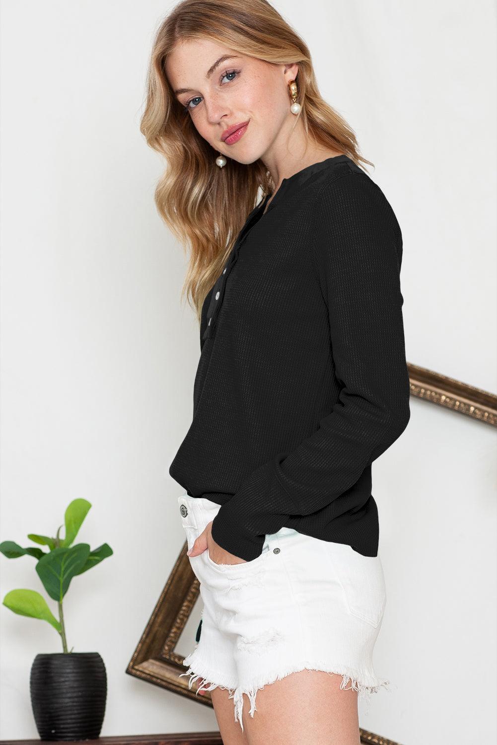 Brown Solid Color Waffle Knit Long Sleeve Henley Shirt - The Fair Lady Shop