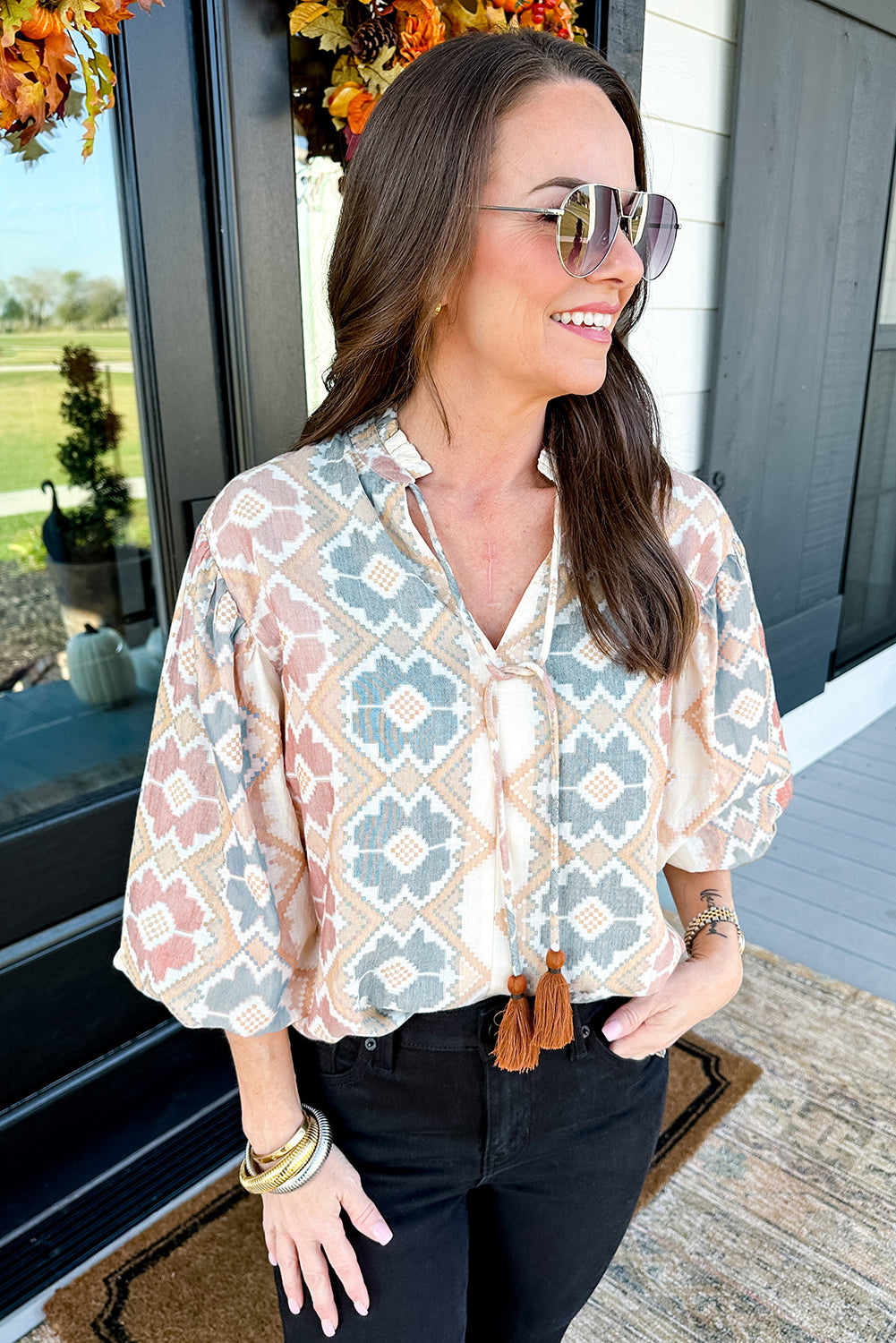Khaki Geometric Print Tassel Tie Split Neck Balloon Sleeve Blouse - The Fair Lady Shop