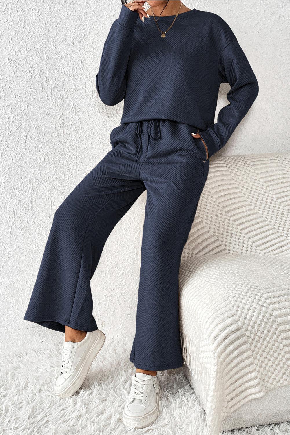 Dark Brown Textured Loose Slouchy Long Sleeve Top and Pants Set - The Fair Lady Shop