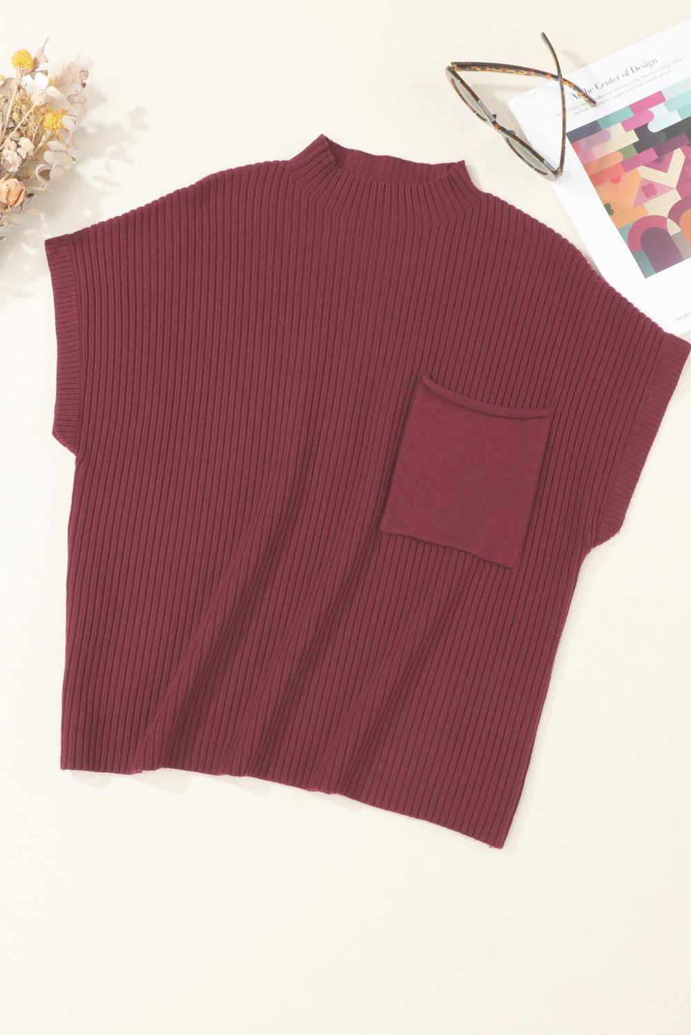 Green Patch Pocket Ribbed Knit Short Sleeve Sweater - The Fair Lady Shop