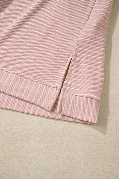 Pink Stripe Cowl Neck Side Slits Loose Fit Long Sleeve Top - The Fair Lady Shop