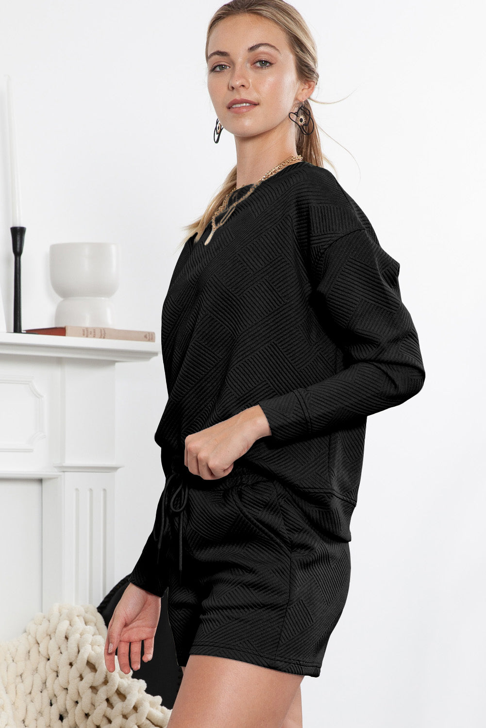Black Textured Long Sleeve Top & Drawstring Shorts Set - The Fair Lady Shop