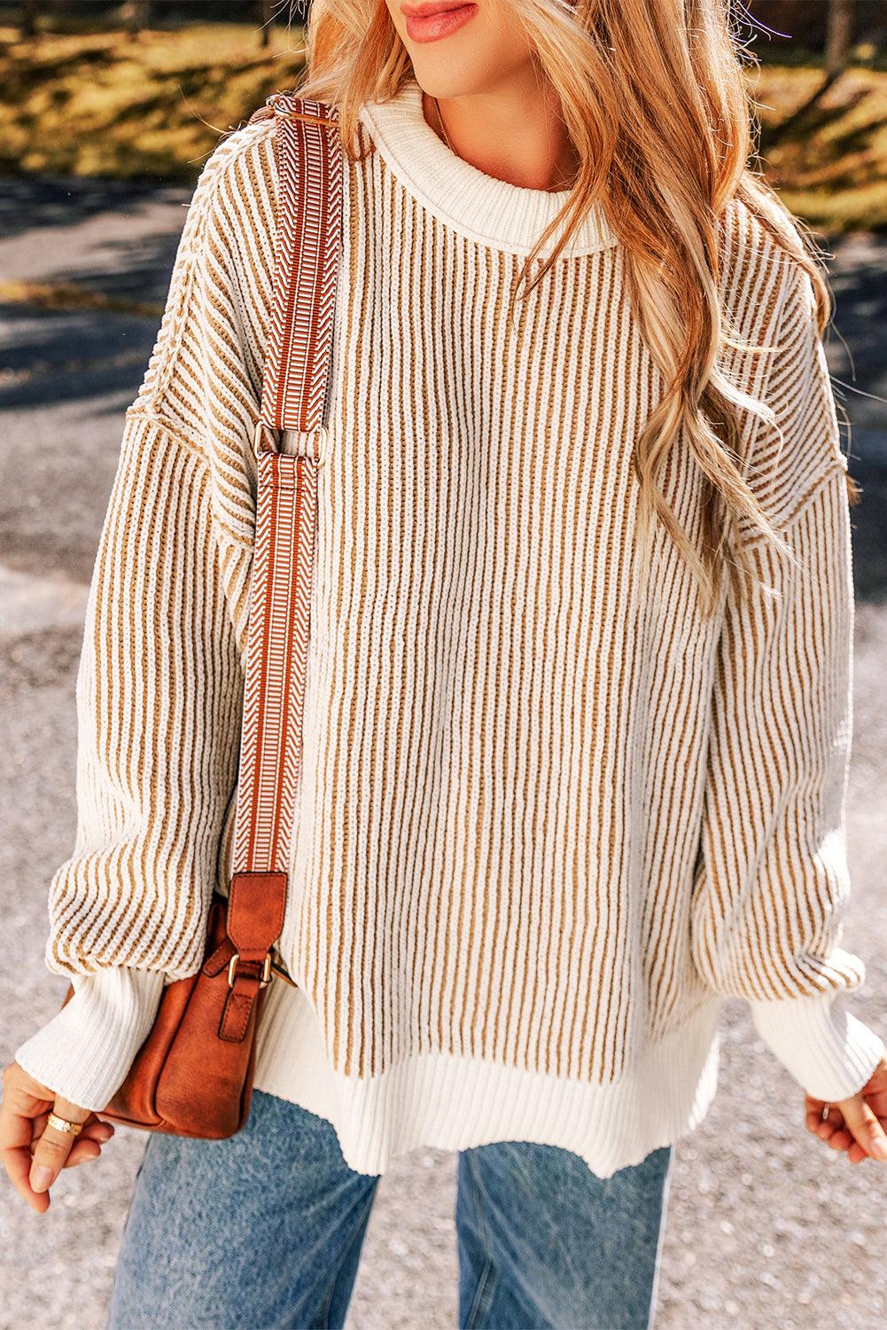 Chestnut Striped Contrast Trim Loose Sweater - The Fair Lady Shop