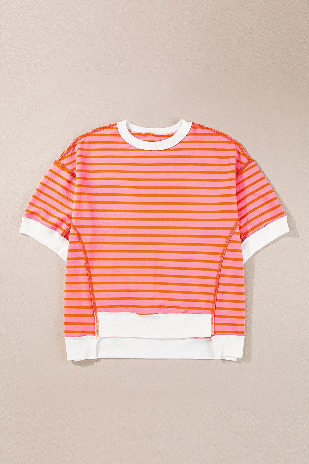 Pink Stripe Colorblock Drop Sleeve Oversized T Shirt - The Fair Lady Shop