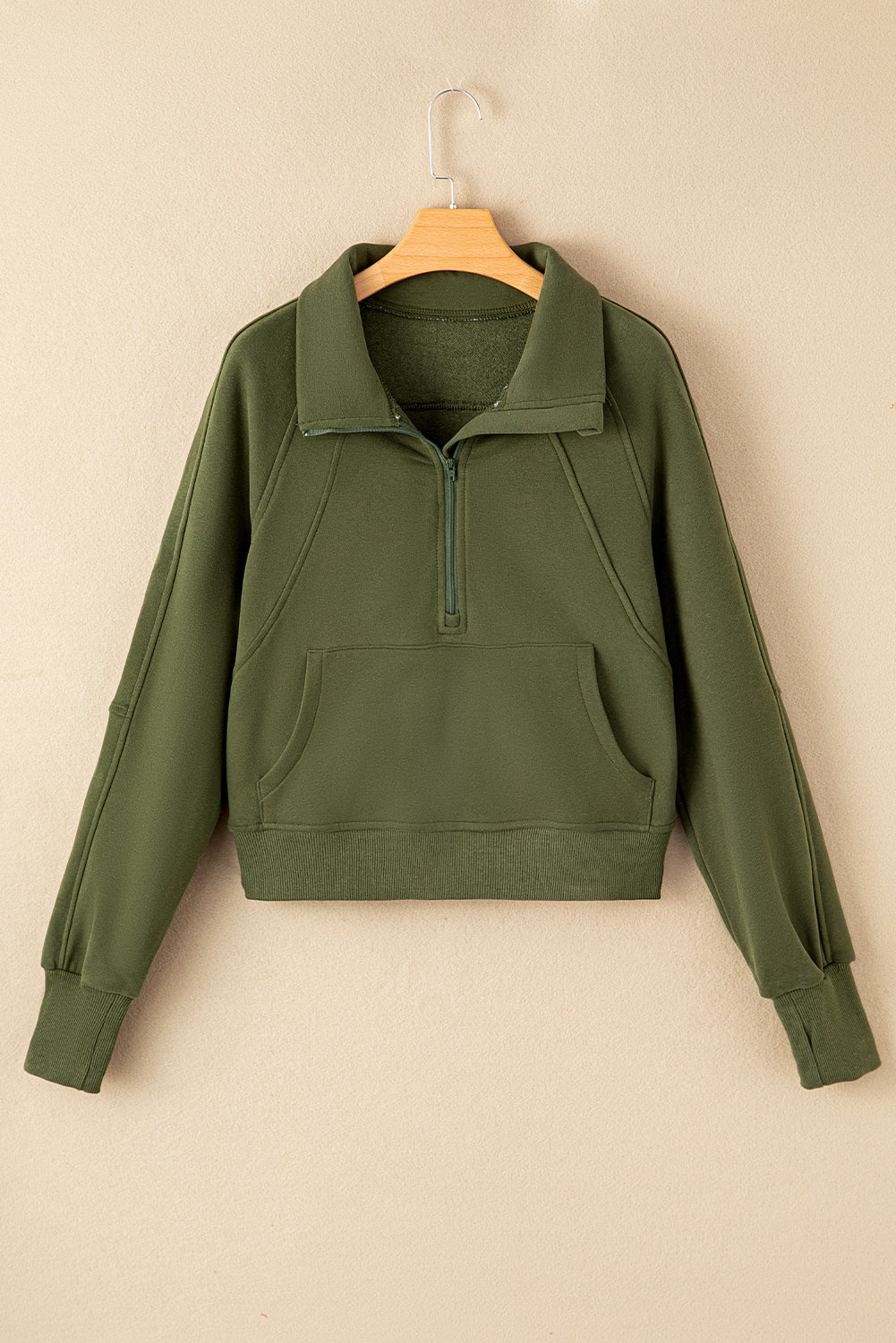 Green Zip Up Stand Collar Ribbed Thumbhole Sleeve Sweatshirt - The Fair Lady Shop