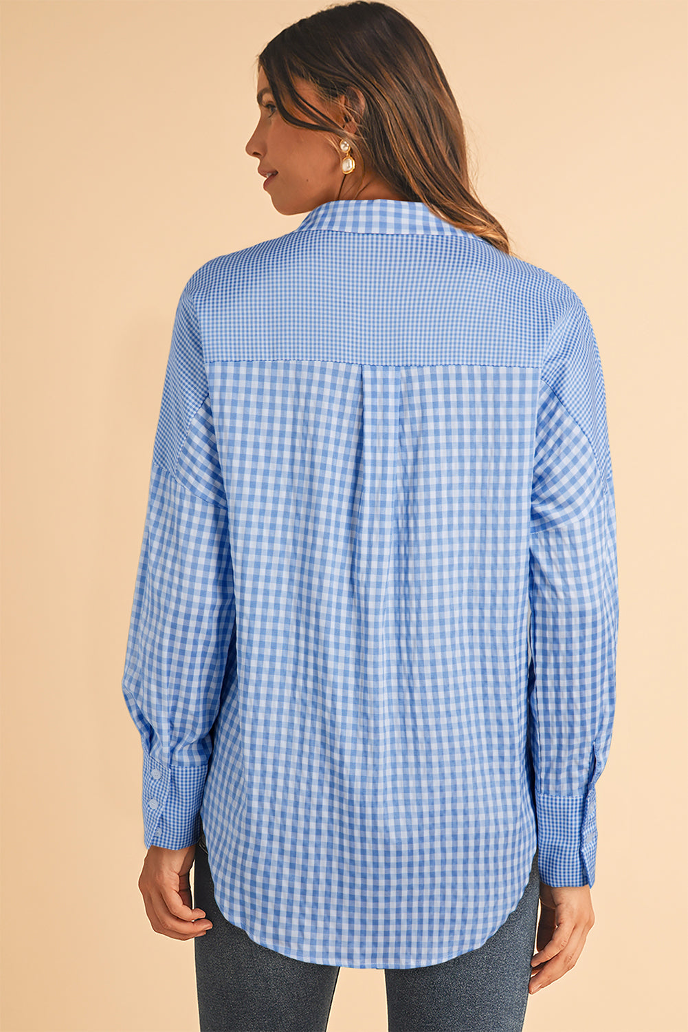 Sky Blue Plaid Pocket Long Sleeve Tunic Shirt