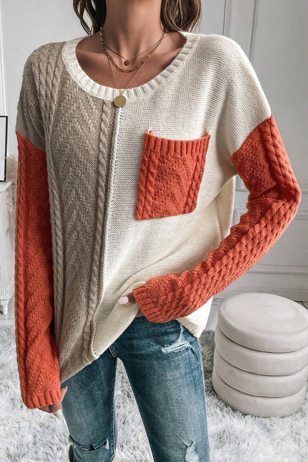 Rose Tan Colorblock Pocket Drop Shoulder Sweater - The Fair Lady Shop