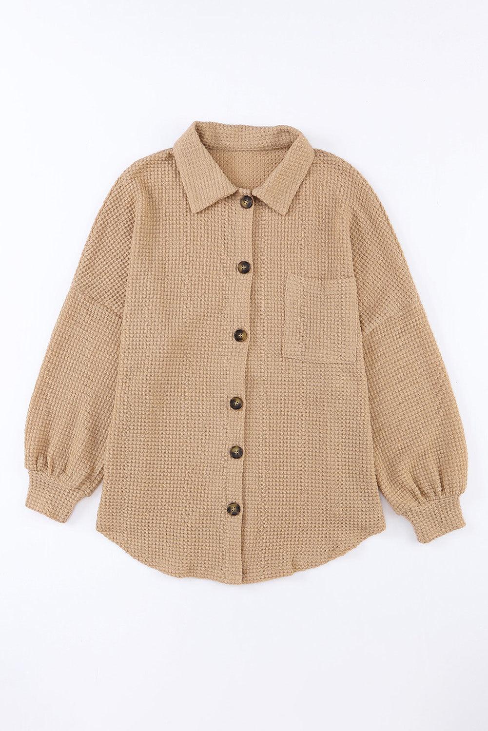 Khaki Waffle Knit Pocket Button Front Shacket - The Fair Lady Shop