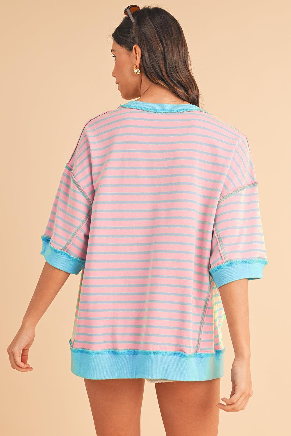 Pink Stripe Colorblock Drop Sleeve Oversized T Shirt - The Fair Lady Shop