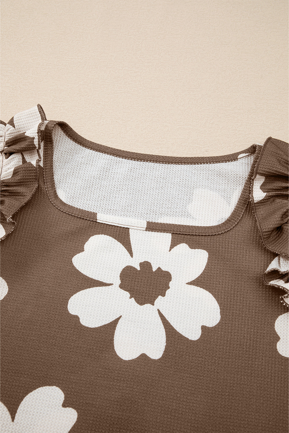 Brown Floral Ruffle Shoulder Square Neck Blouse - The Fair Lady Shop
