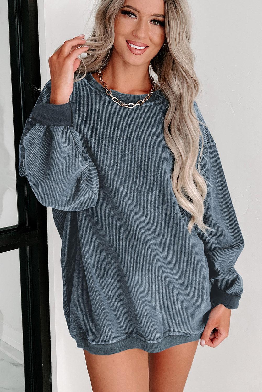 Khaki Solid Ribbed Round Neck Pullover Sweatshirt - The Fair Lady Shop