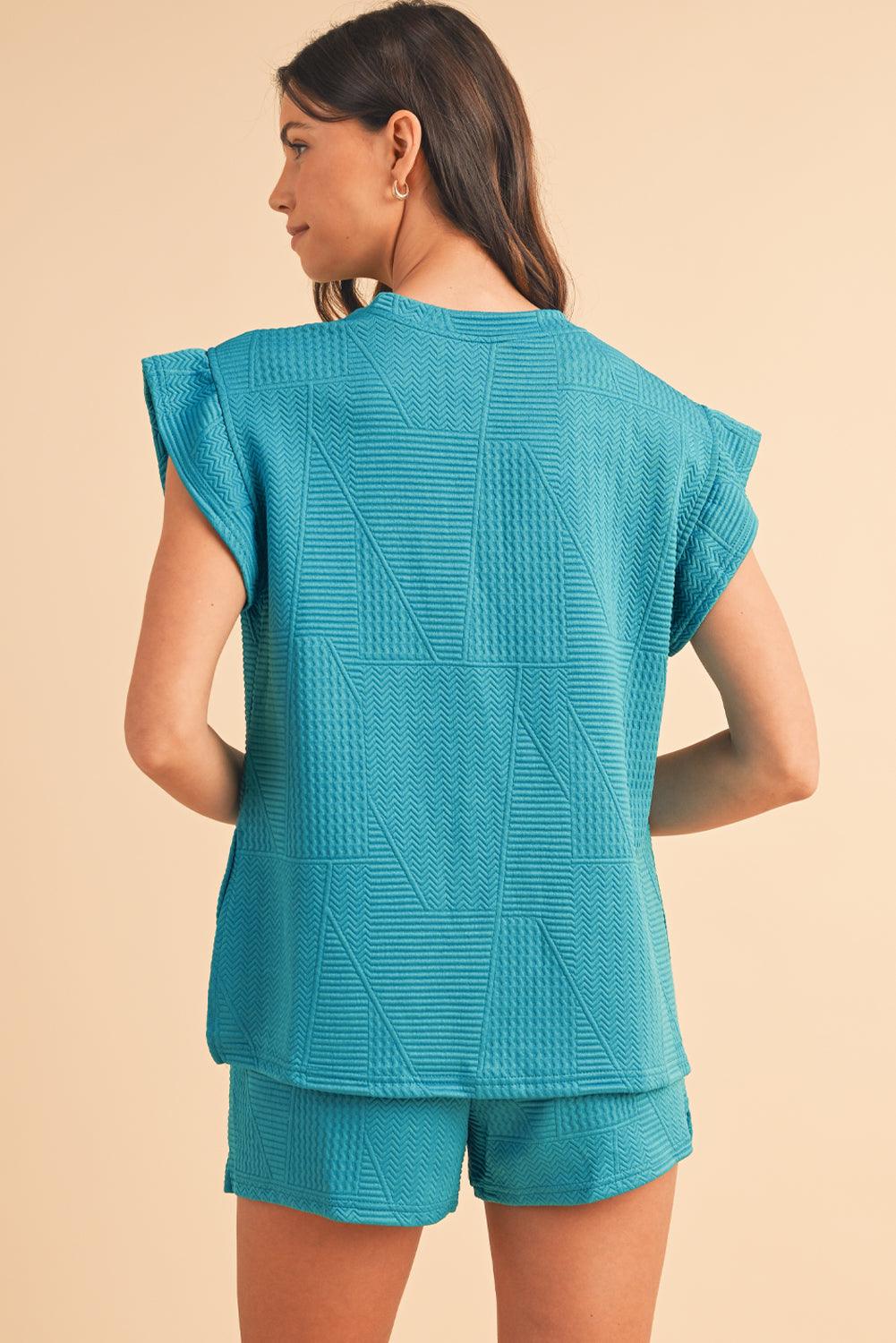 Dark Green Textured Ruffle Split Top and Drawstring Shorts Set - The Fair Lady Shop