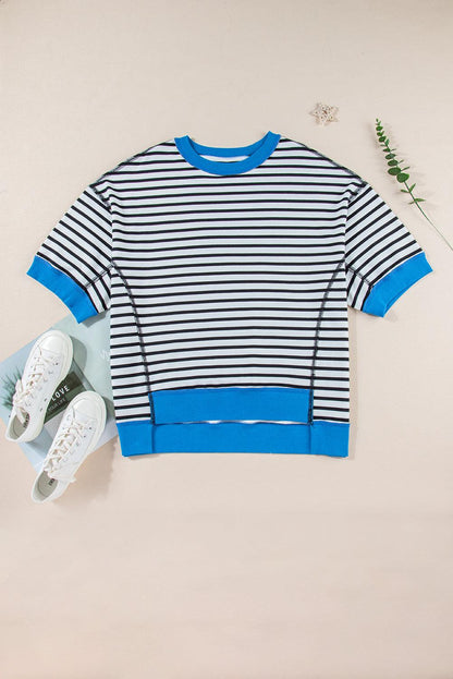 Pink Stripe Colorblock Drop Sleeve Oversized T Shirt - The Fair Lady Shop