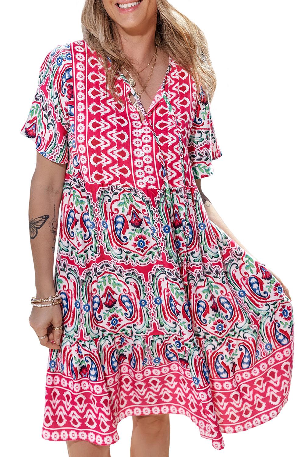 Orange Bohemian Tie Neck Flounce Sleeve Ruffle Hem Mini Dress - The Fair Lady Shop