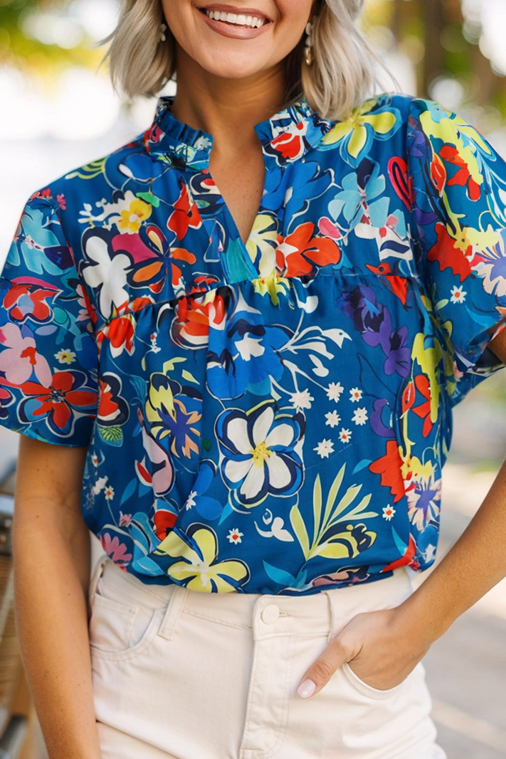 Blue Flower Print Notch V Neck Puff Sleeve Babydoll Blouse - The Fair Lady Shop