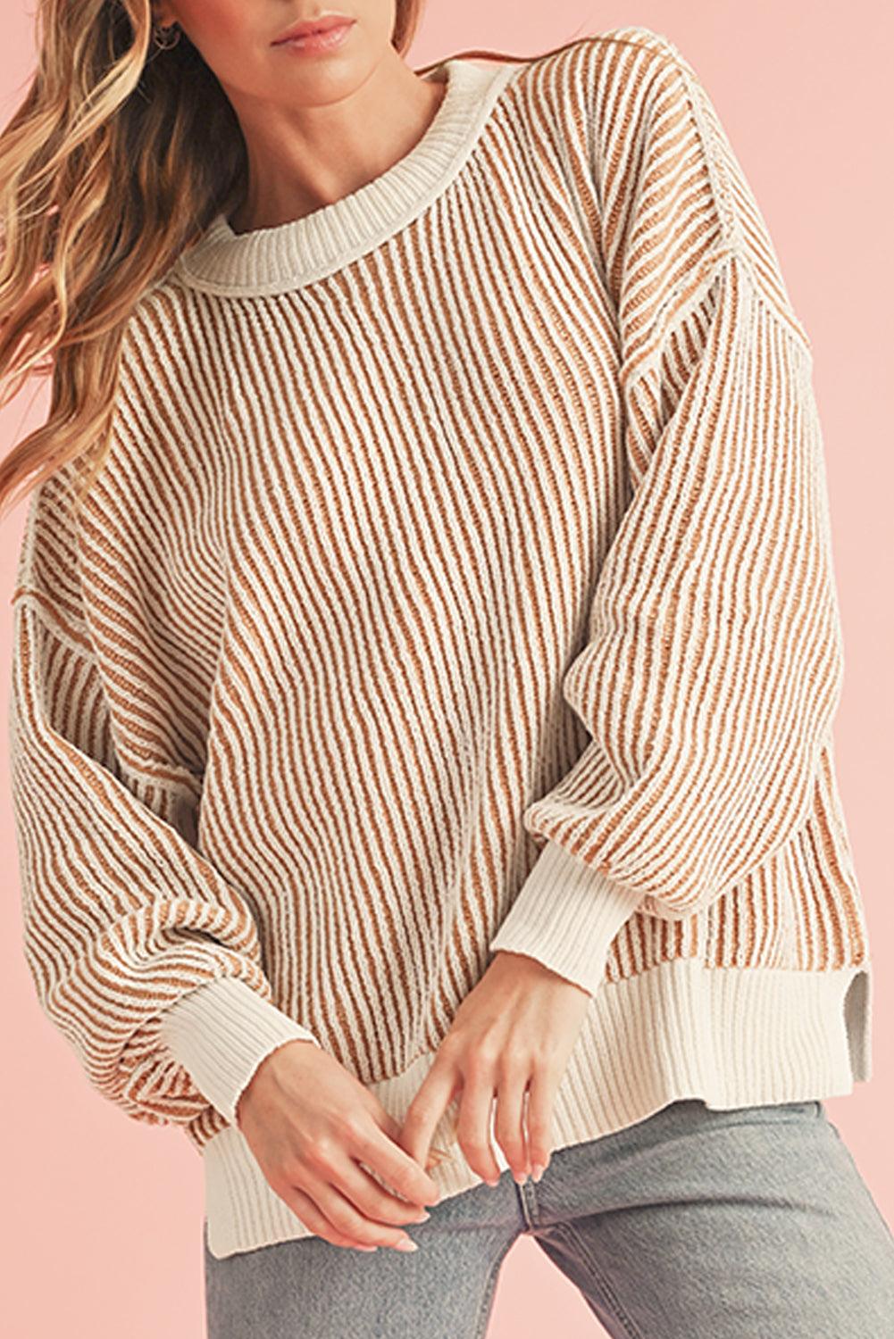 Chestnut Striped Contrast Trim Loose Sweater - The Fair Lady Shop