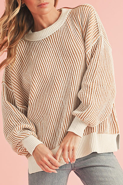 Chestnut Striped Contrast Trim Loose Sweater - The Fair Lady Shop