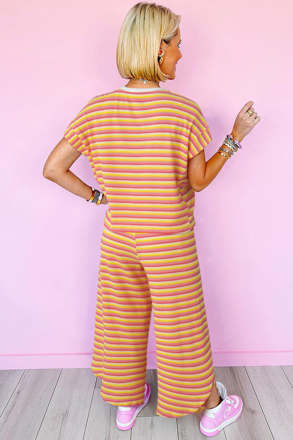 Yellow Stripe Rainbow Tee and Tassel Drawstring Wide Leg Pants Set - The Fair Lady Shop