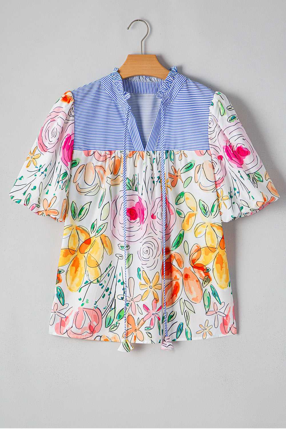 Multicolour Floral Print Striped Frill V Neck Puff Sleeve Blouse - The Fair Lady Shop