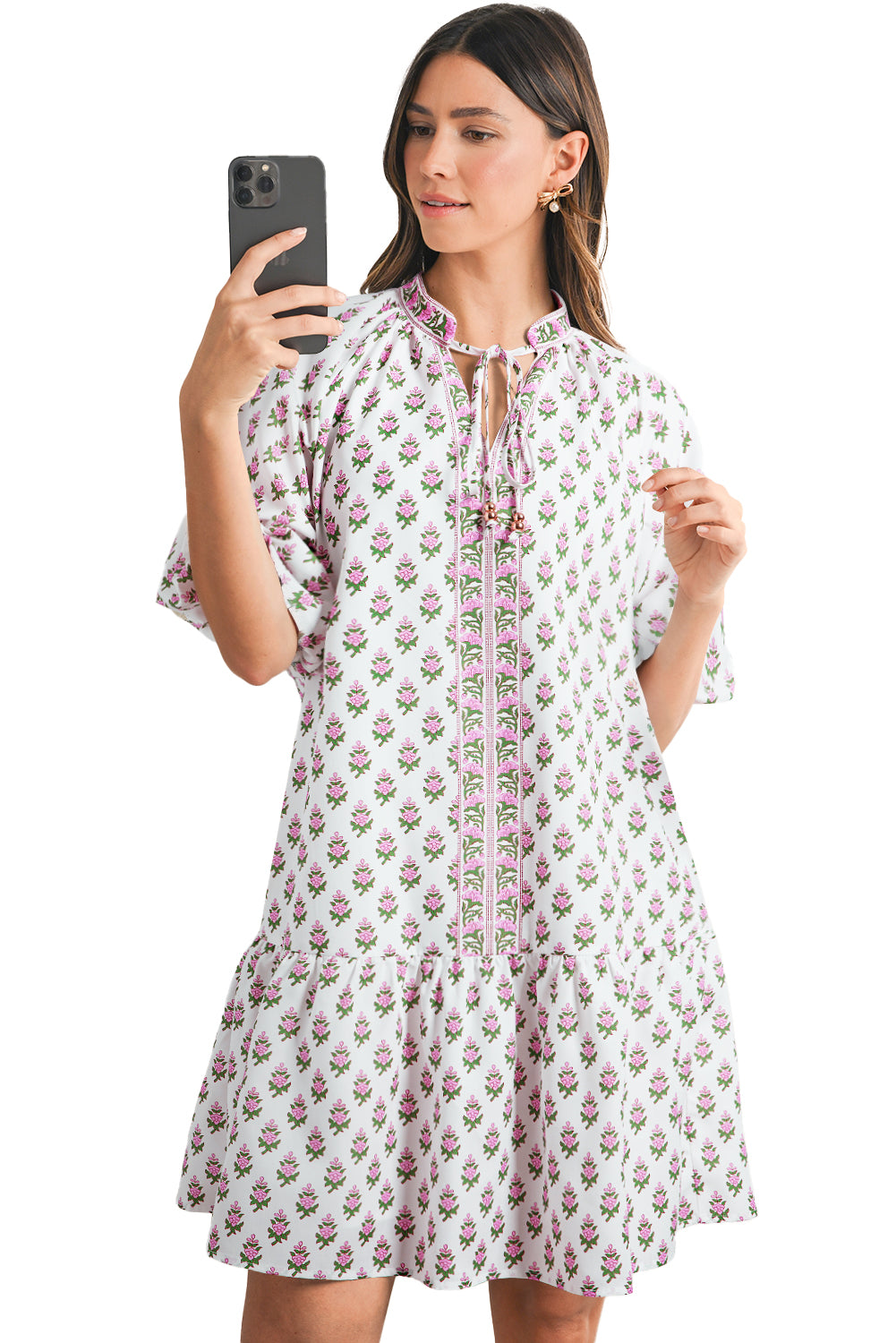 Pink Floral Print Drawstring V Neck Bishop Sleeve Boho Dress - The Fair Lady Shop
