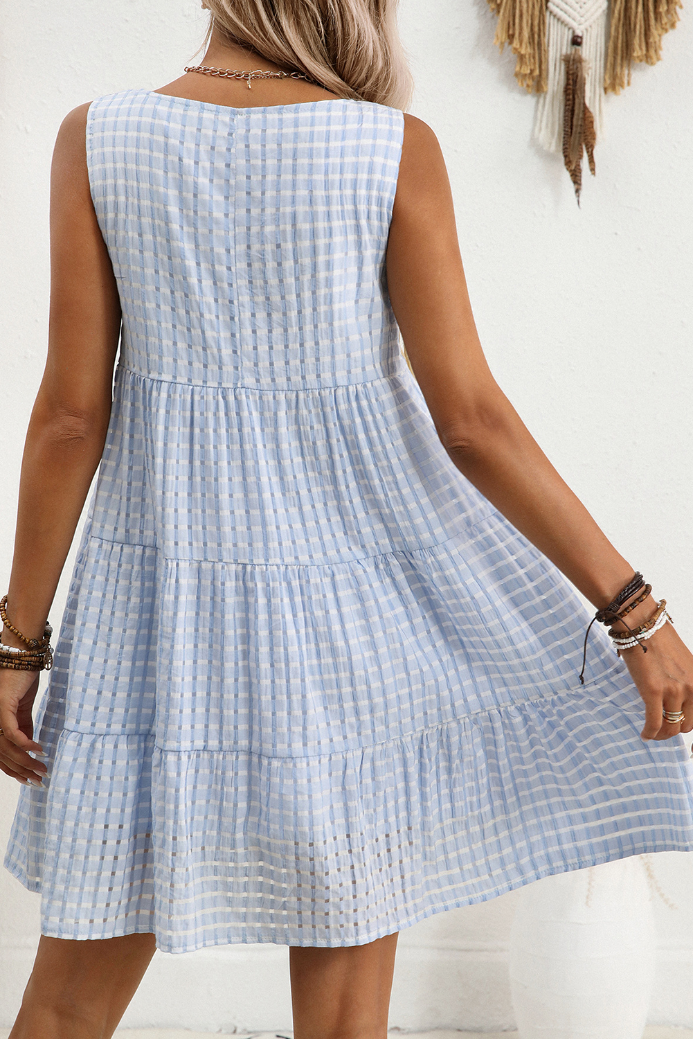 Light Blue Gingham High Waist Sleeveless Mini Dress - The Fair Lady Shop