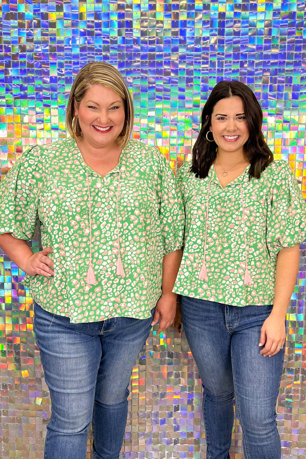 Green Plus Size Leopard Tassel Tie Split Neck Puff Sleeve Blouse - The Fair Lady Shop