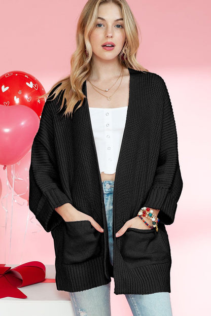 Black Batwing Sleeve Pocket Oversized Cable Knit Cardigan - The Fair Lady Shop