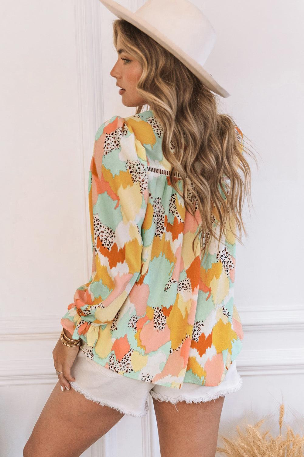 Multicolor Abstract Print Boho Ruffle Puff Sleeve Blouse - The Fair Lady Shop