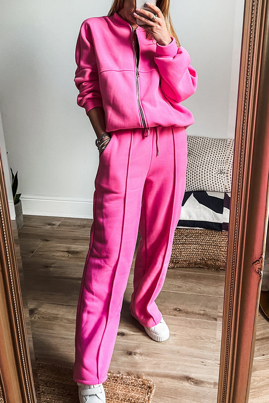 Bright Pink Seamed Zipper Jacket and Drawstring Waist Pants Set - The Fair Lady Shop