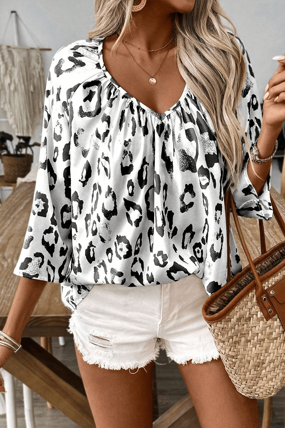 Black Leopard Print V Neck 3/4 Sleeve Blouse - The Fair Lady Shop