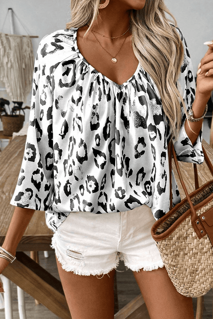 Black Leopard Print V Neck 3/4 Sleeve Blouse - The Fair Lady Shop