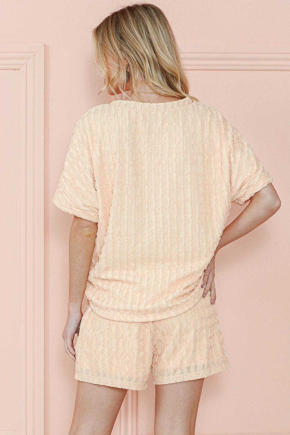Beige Frill Textured Tee and Drawstring Shorts Set - The Fair Lady Shop