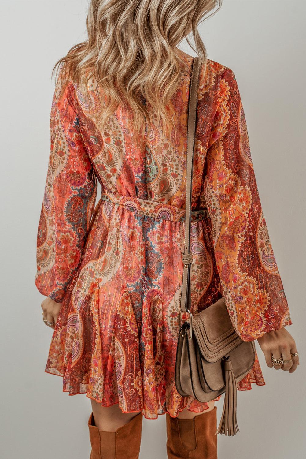 Orange Boho Paisley Print Long Sleeve Pleated Belted Mini Dress - The Fair Lady Shop