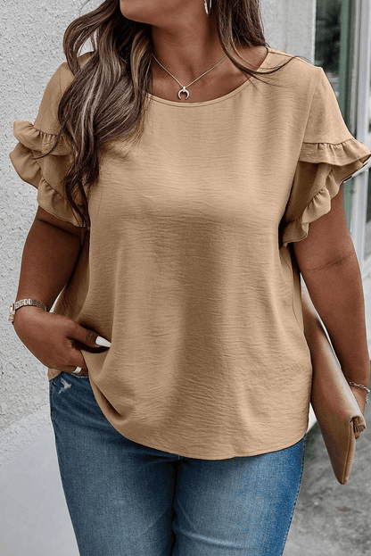 Light French Beige Ruffled Short Sleeve Plus Size Top - The Fair Lady Shop