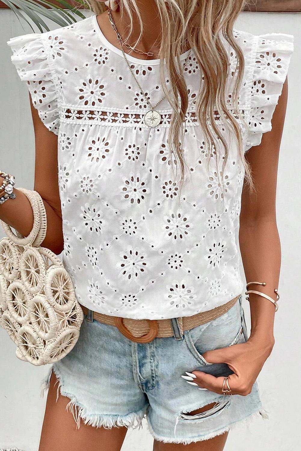 White Eyelet Embroidered Ruffle Shoulder Sleeveless Blouse - The Fair Lady Shop