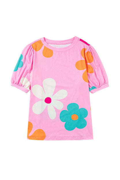 Apricot Colorful Flower Print Bubble Sleeve Tee - The Fair Lady Shop