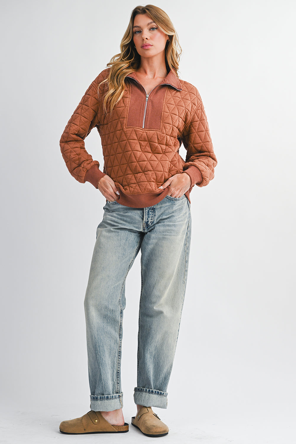 Straw Yellow Textured Zipper Neck Long Sleeve Pullover Sweatshirt