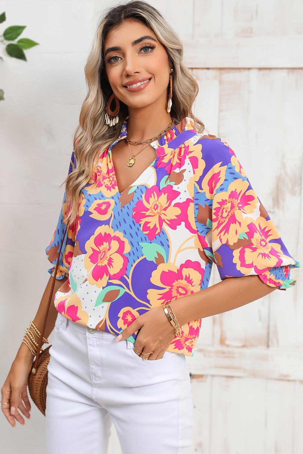 Rose Red Floral Frilled Split Neck Bubble Sleeve Blouse - The Fair Lady Shop