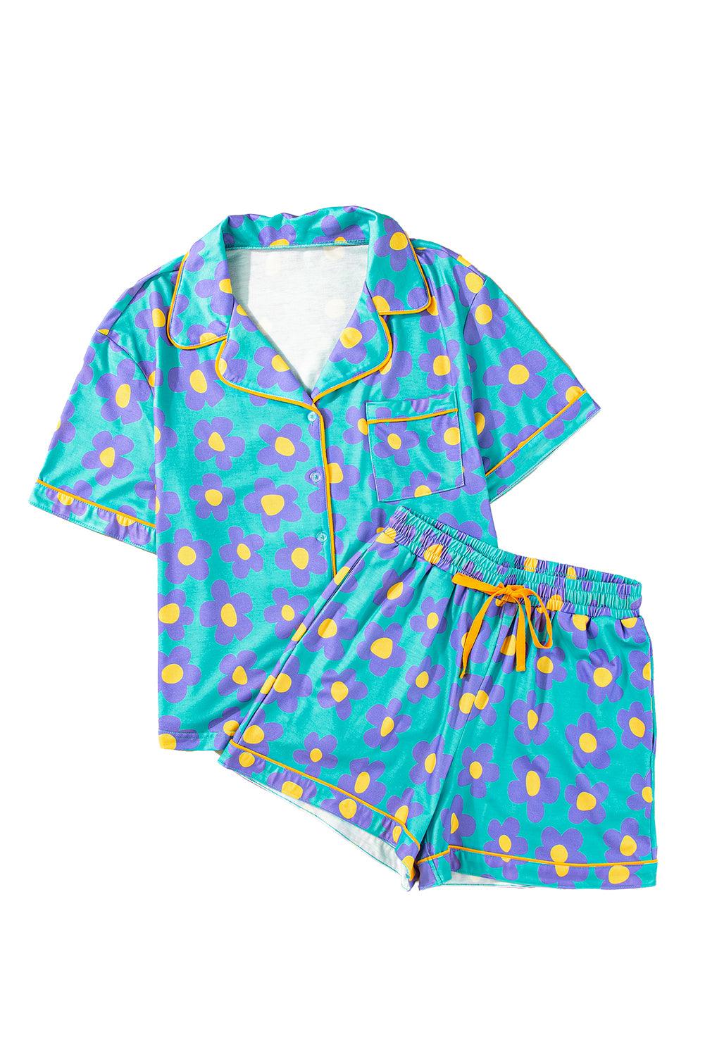 Green Flower Print Buttoned Shirt and Drawstring Waist Pajama Set - The Fair Lady Shop