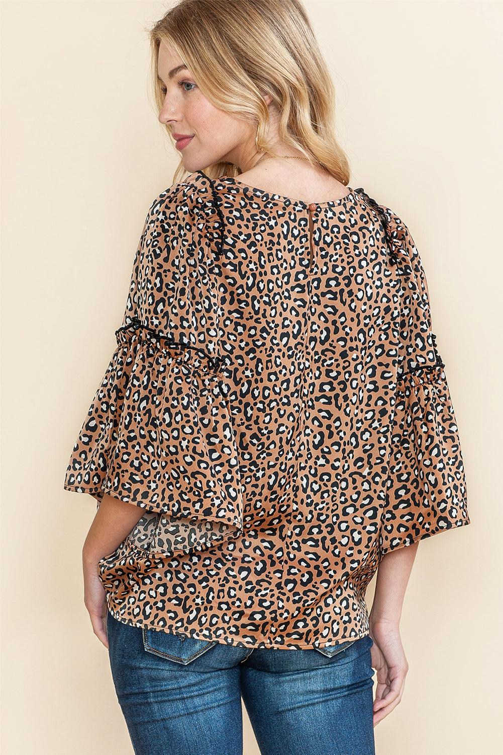 Chestnut Leopard Ruffle Flounce Sleeve Blouse - The Fair Lady Shop