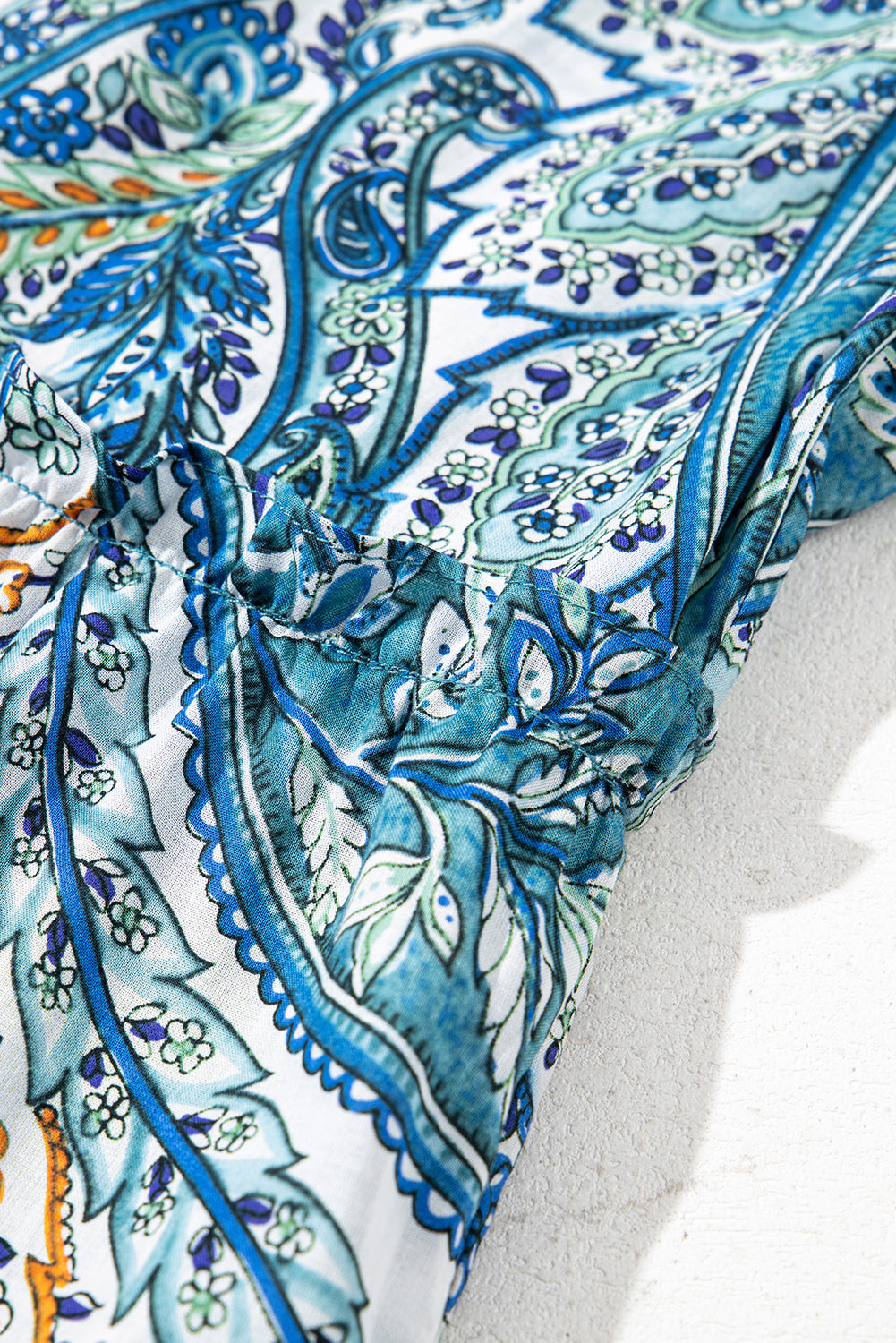 Blue Bohemian Paisley Floral V Neck Puff Sleeve Mini Dress - The Fair Lady Shop